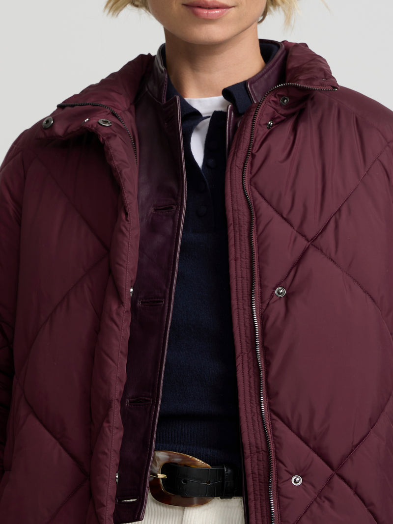 Long padded parka with burgundy scarf