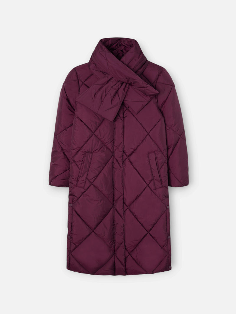 Long padded parka with burgundy scarf