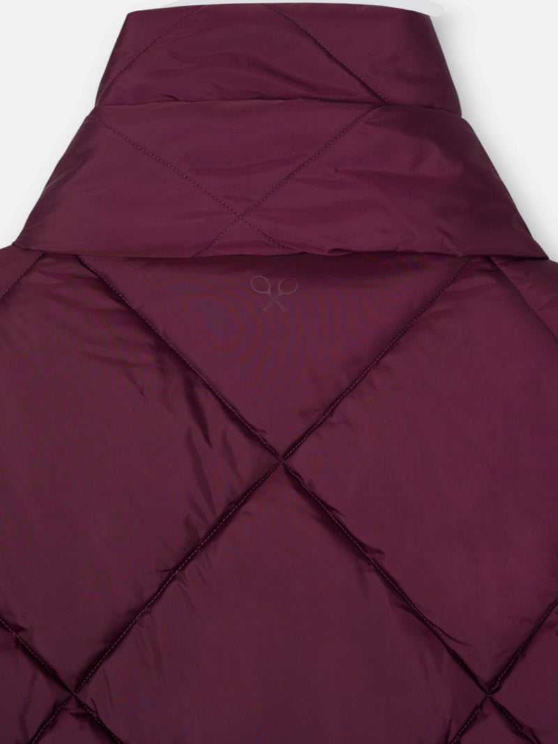 Long padded parka with burgundy scarf