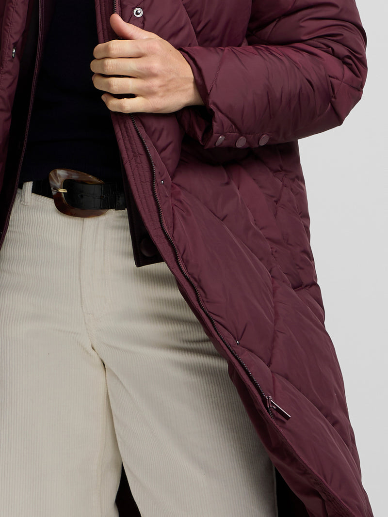Long padded parka with burgundy scarf