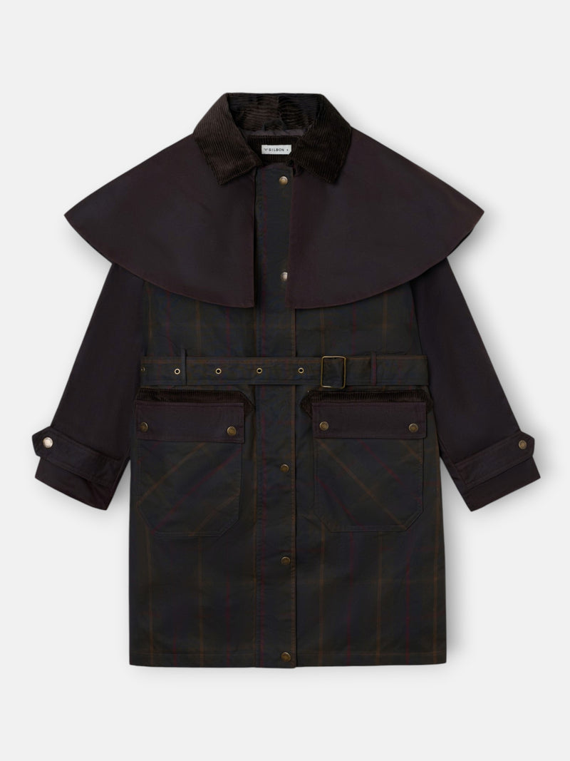 Parka encerada cuello pana cuadros granate