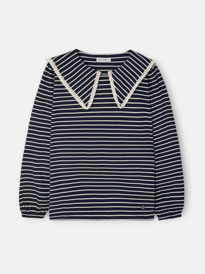 T-shirt à manches longues col Claudine rayé bleu marine