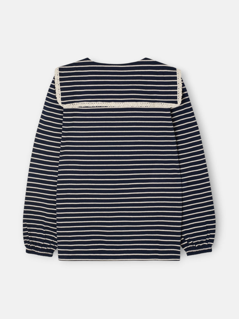 T-shirt à manches longues col Claudine rayé bleu marine