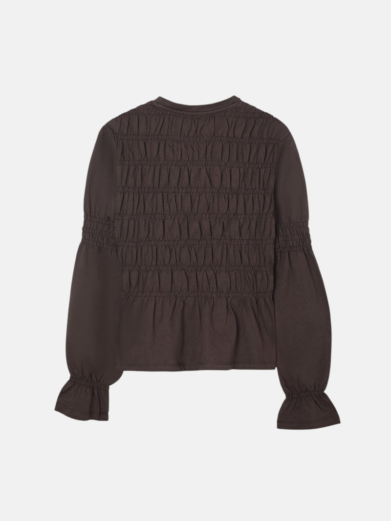 T-shirt femme manches longues en maille smock marron
