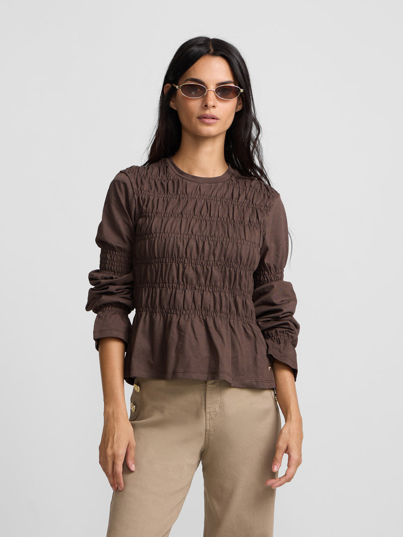 T-shirt femme manches longues en maille smock marron