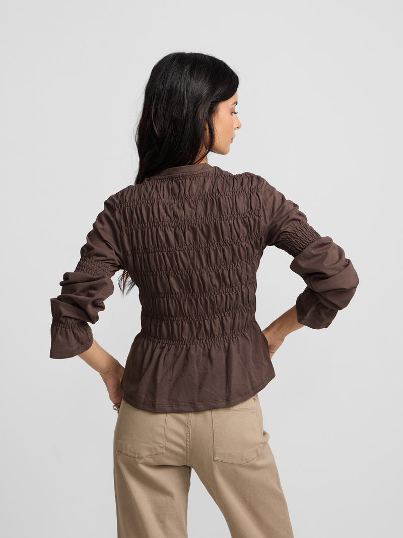 T-shirt femme manches longues en maille smock marron