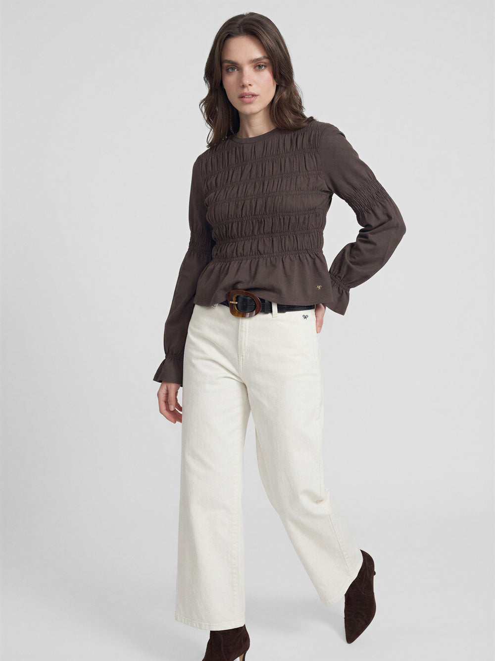 T-shirt femme manches longues en maille smock marron