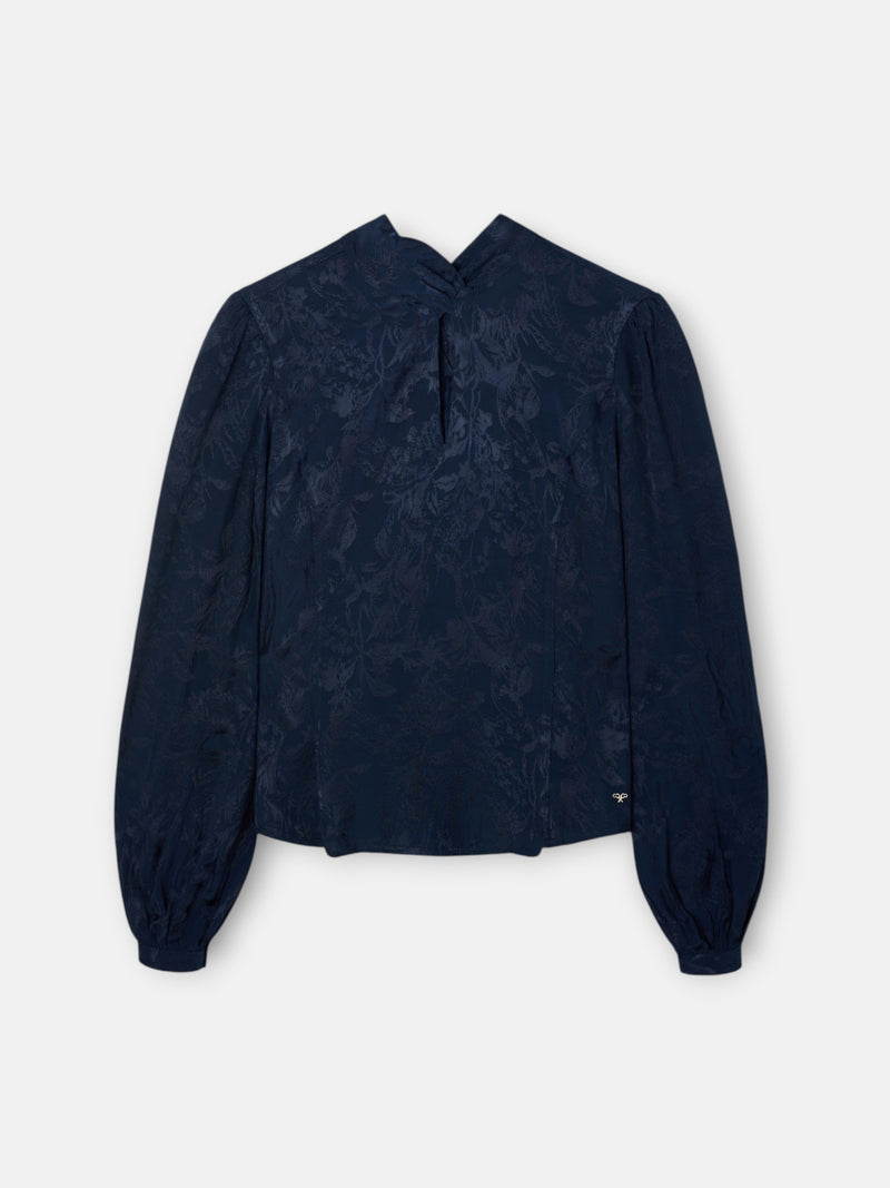 Blouse à bretelles col jacquard bleu