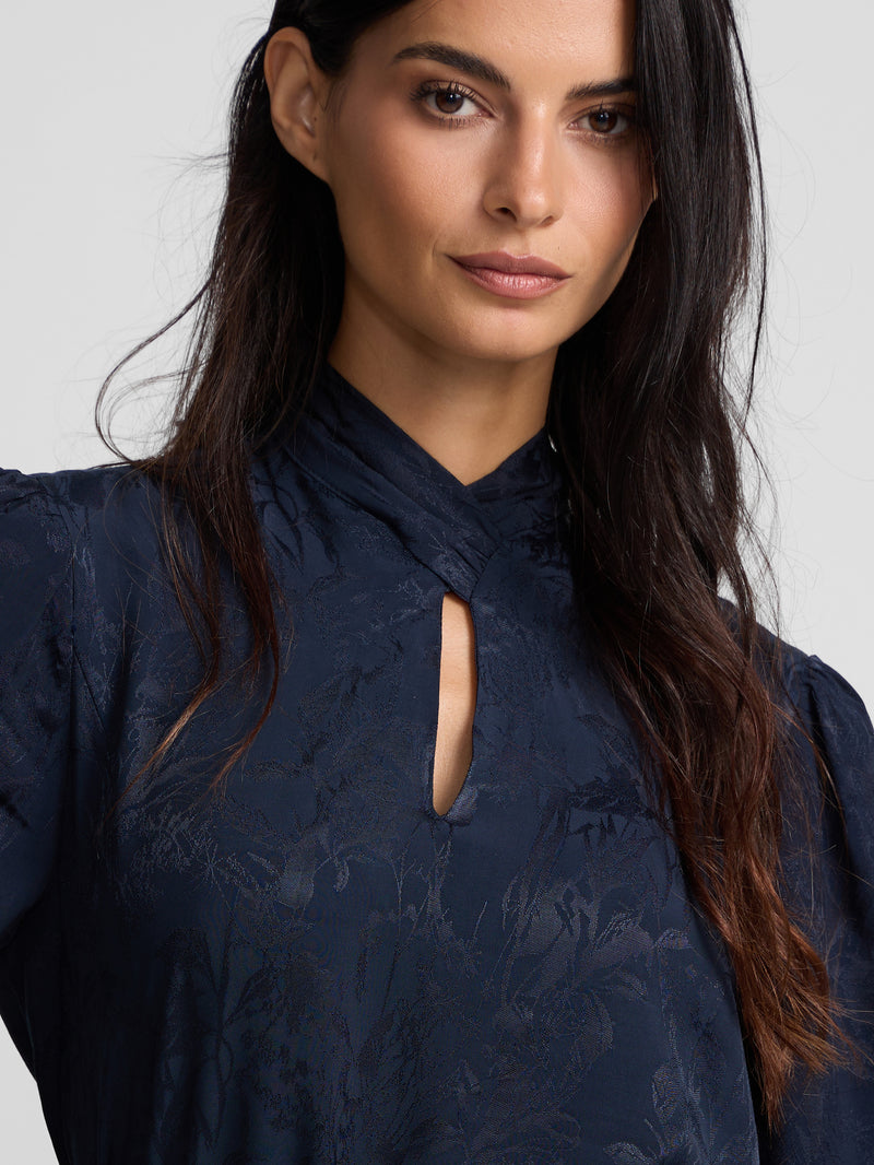 Blouse à bretelles col jacquard bleu