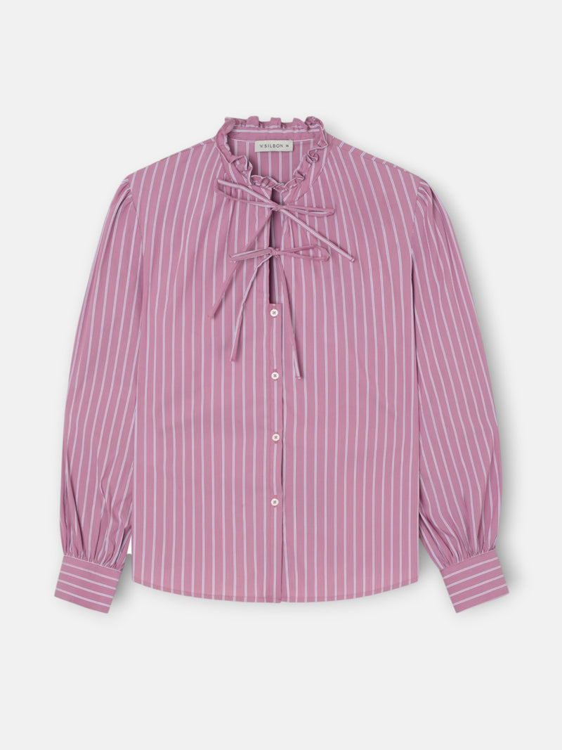 Chemise à col montant avec rubans rayée rose