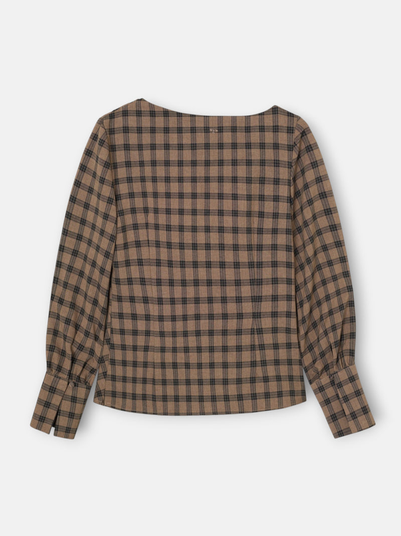 Blusa drapeada xadrez castanho