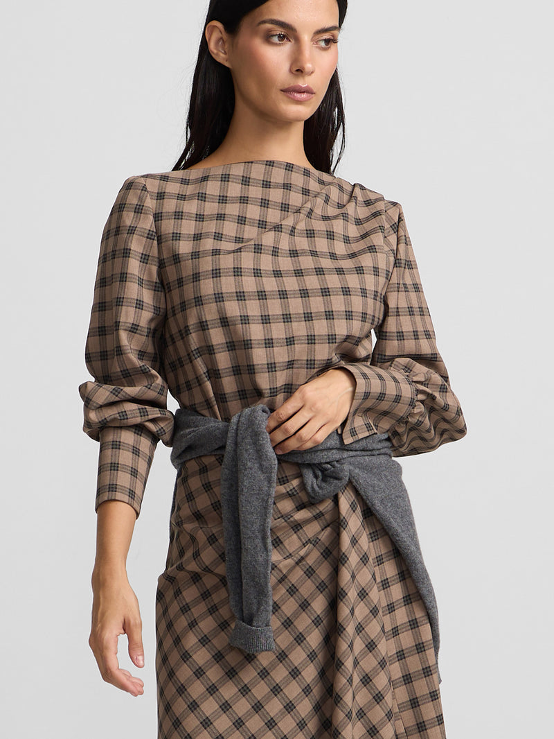 Blusa drapeada xadrez castanho