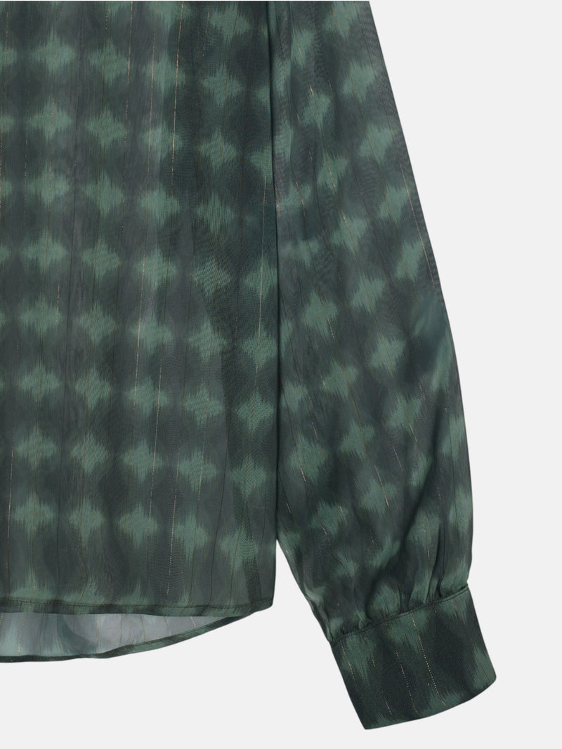 Blusa com folhos estampado étnico verde