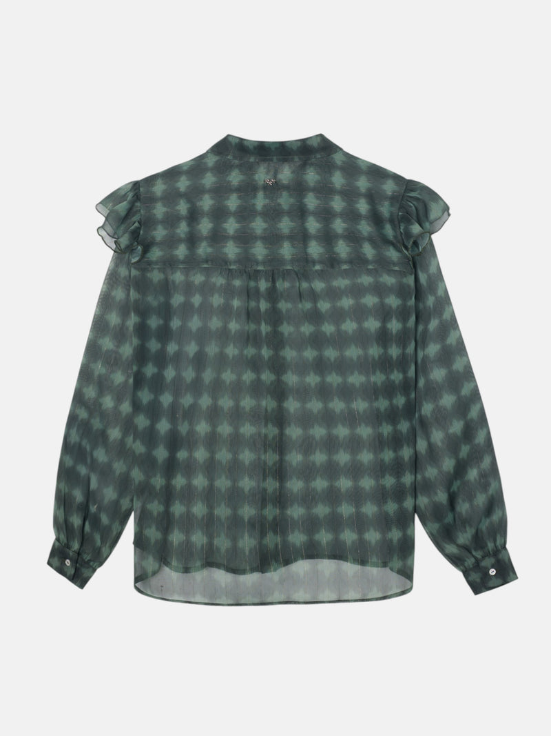 Blusa com folhos estampado étnico verde