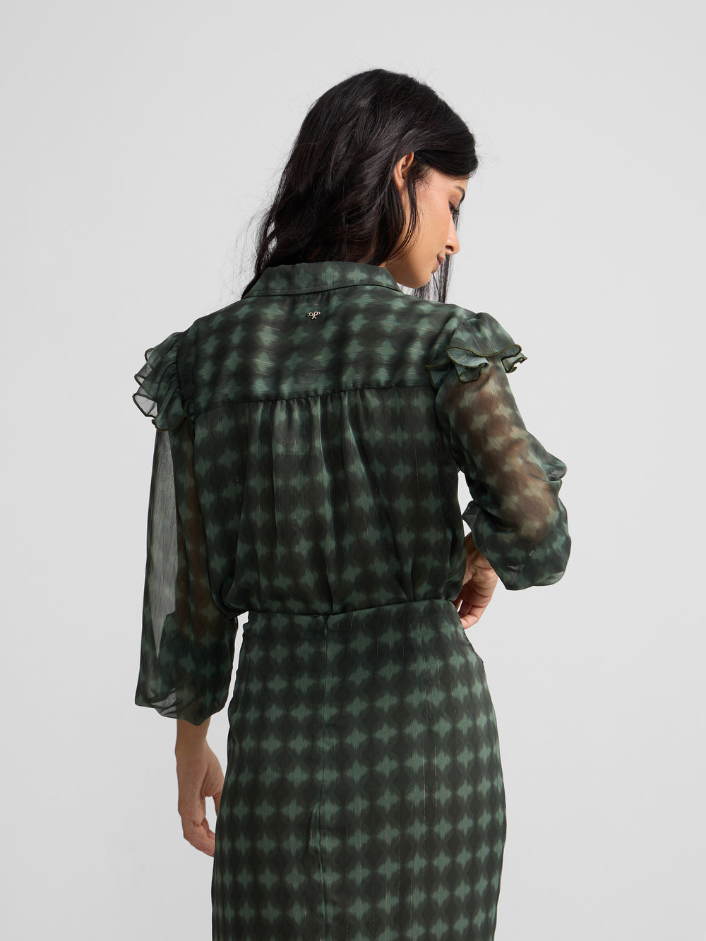 Blouse à volants imprimé ethnique vert