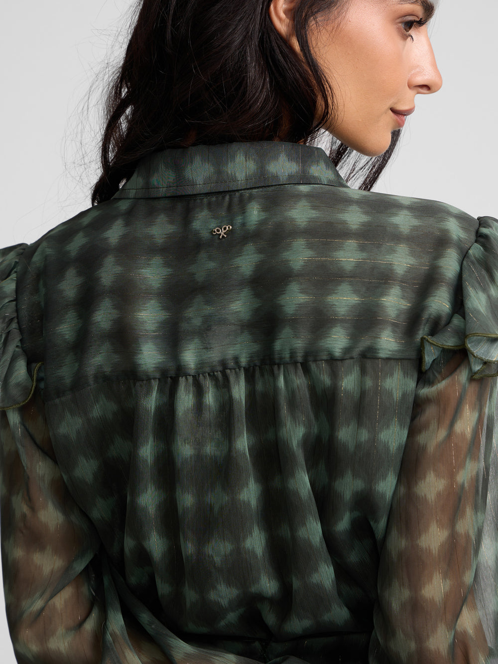 Blouse à volants imprimé ethnique vert