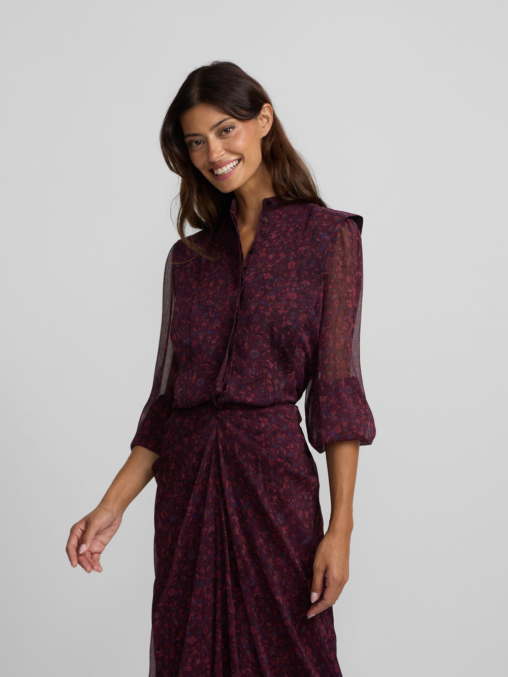 Blouse à imprimé fleuri bordeaux