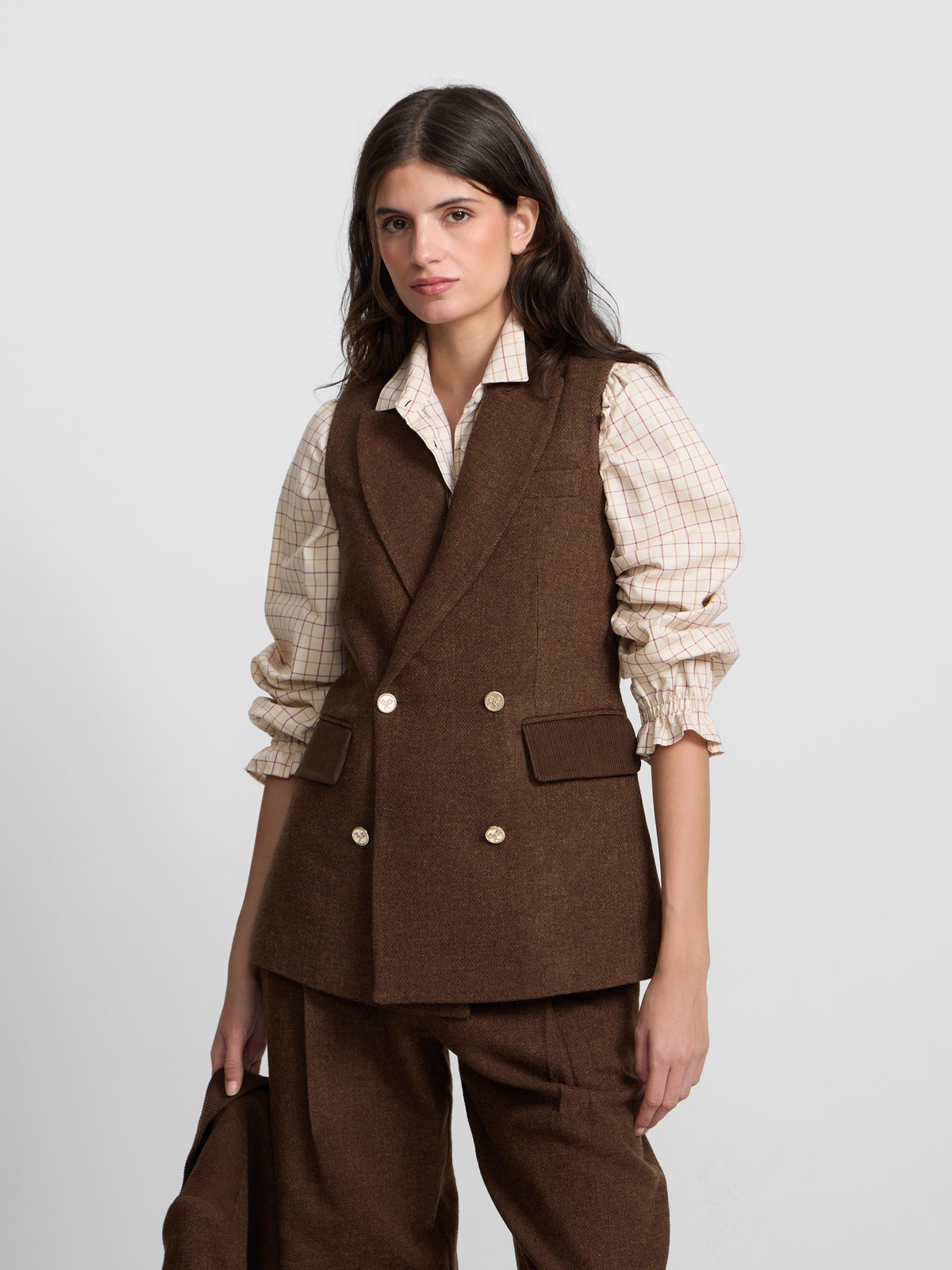 Double-breasted brown twill vest