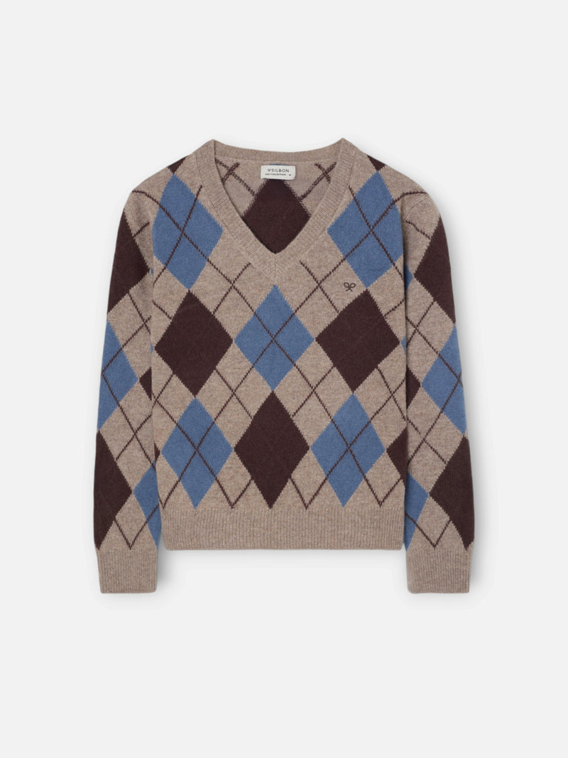 Jersey cuello pico rombos azul y marron