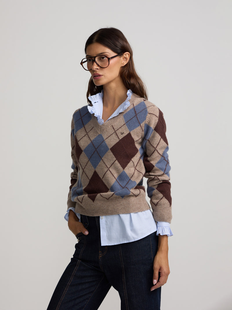 Jersey cuello pico rombos azul y marron