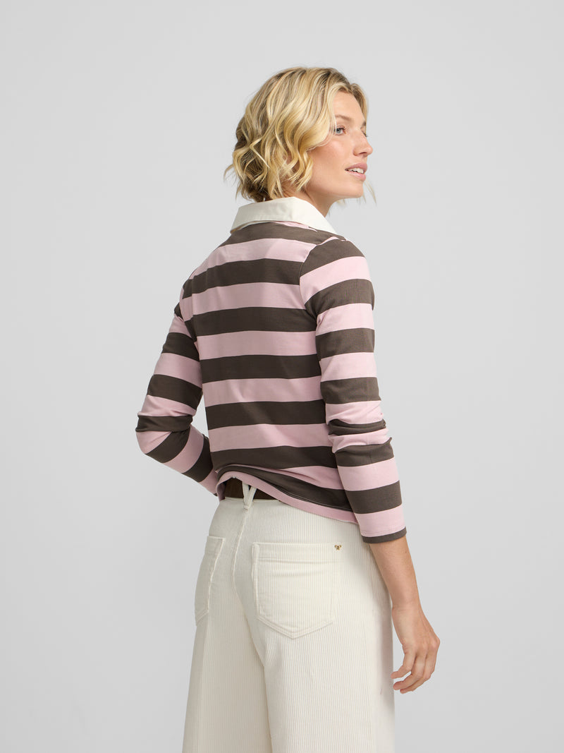 Polo woman manga larga rayas rosa y marron