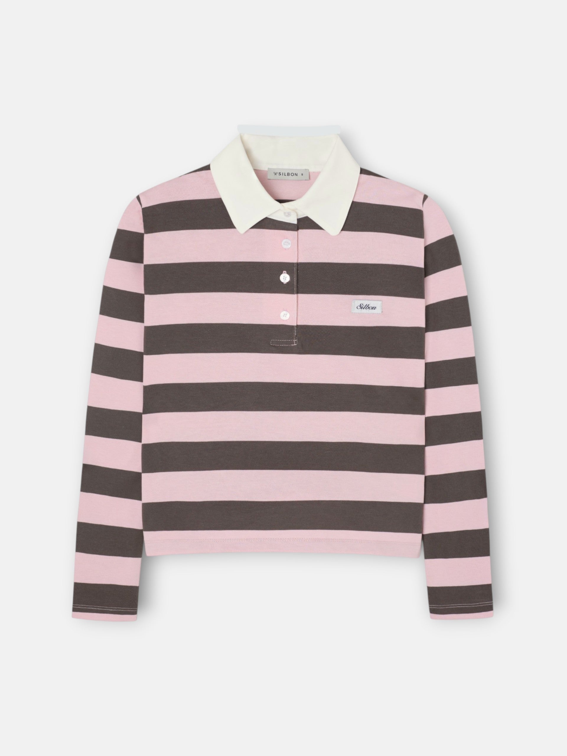 Polo mulher manga comprida riscas rosa e castanho