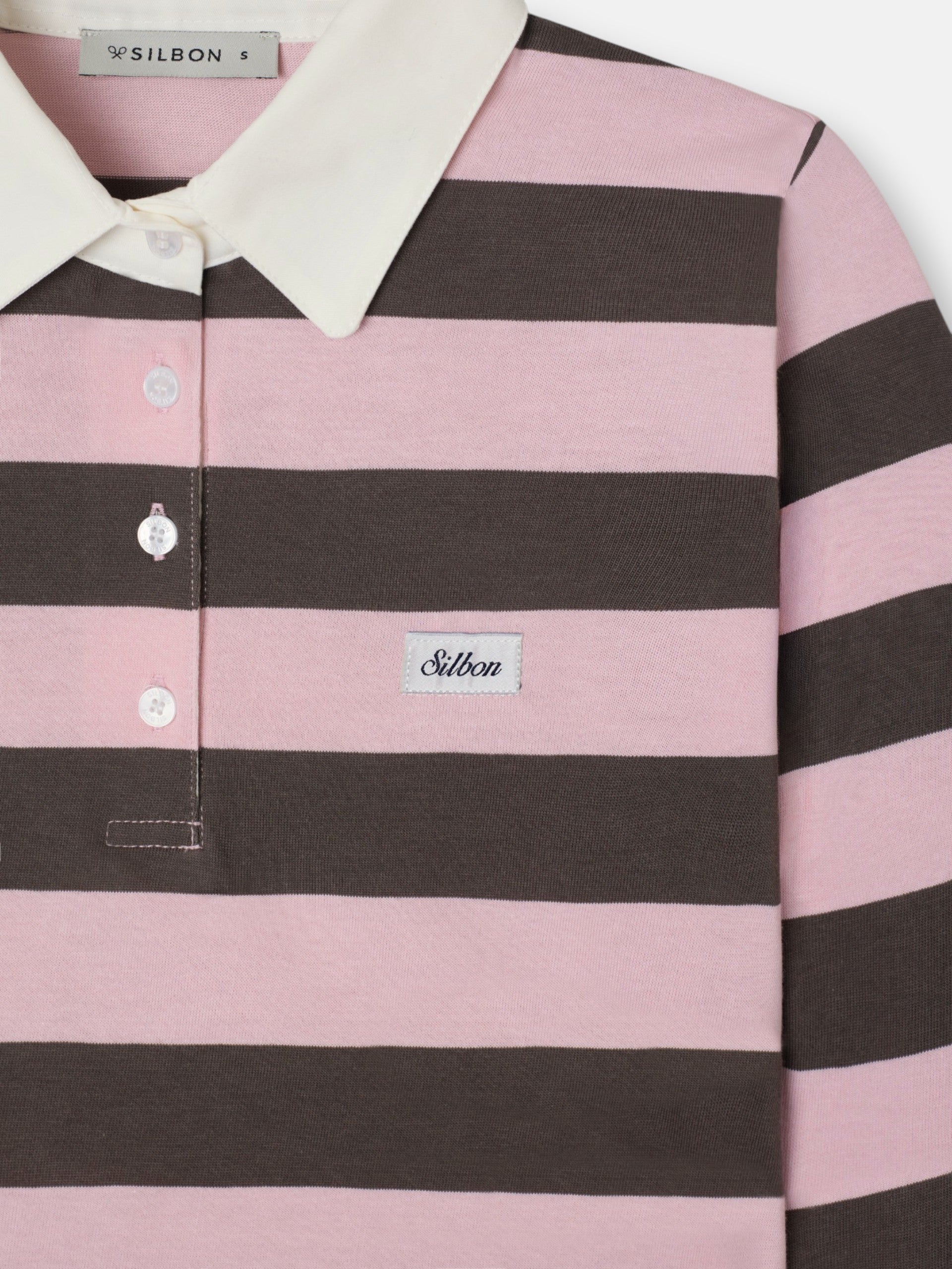 Polo mulher manga comprida riscas rosa e castanho