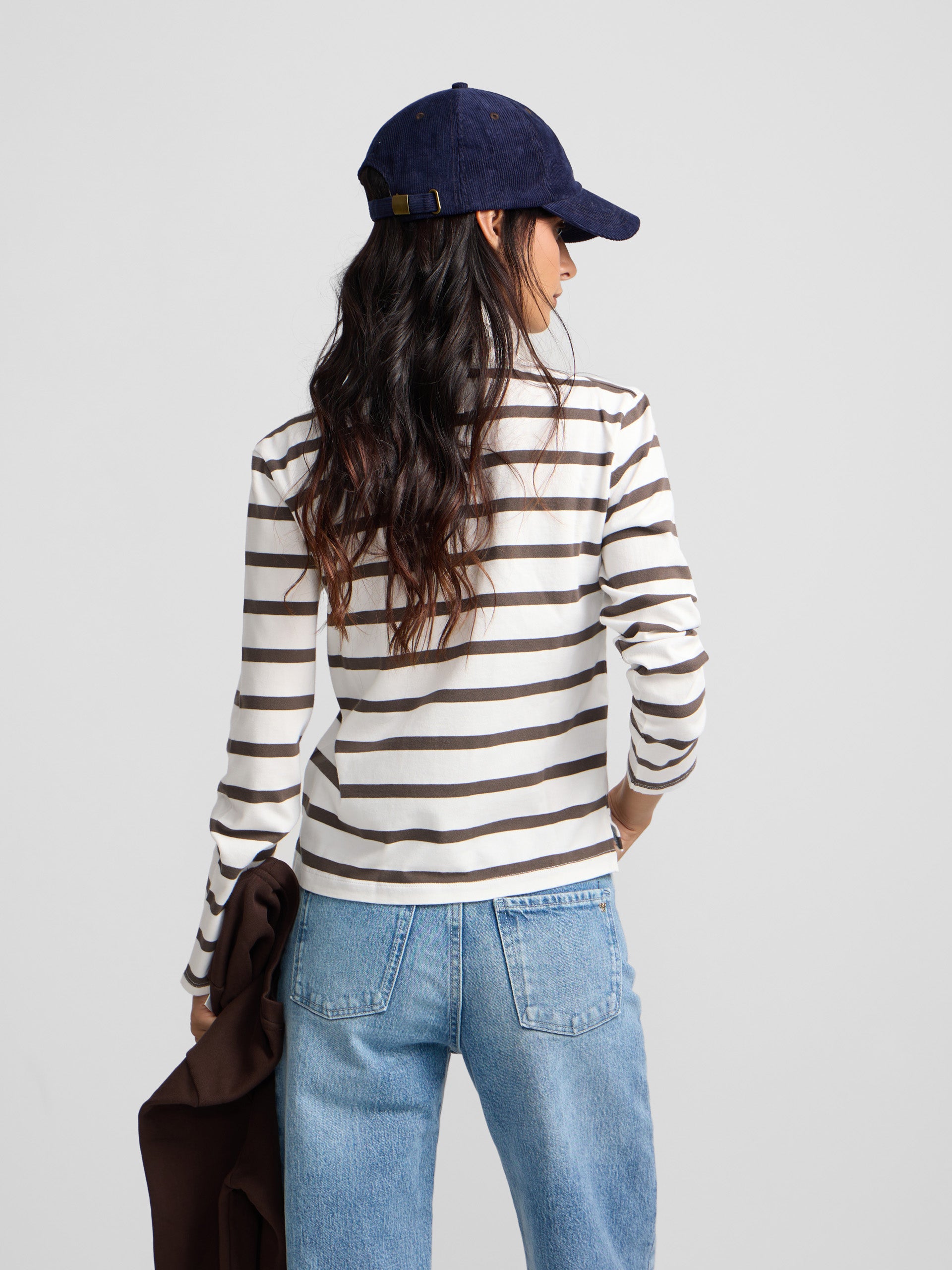 Long-sleeved women's polo shirt with raw stripes