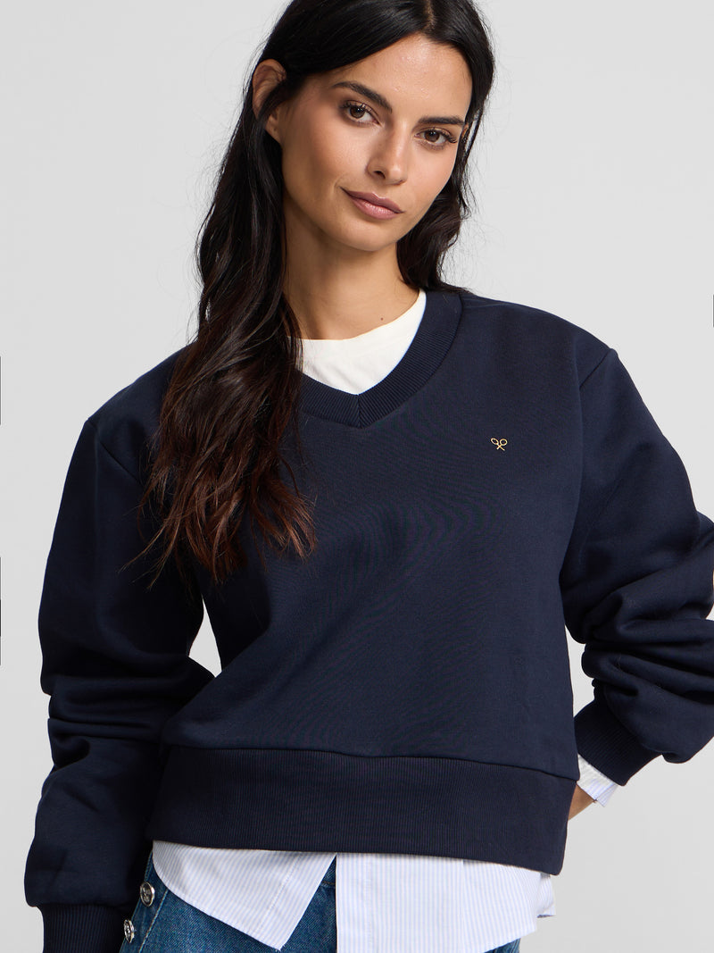 Sweatshirt mulher com barra de camisa azul-marinho