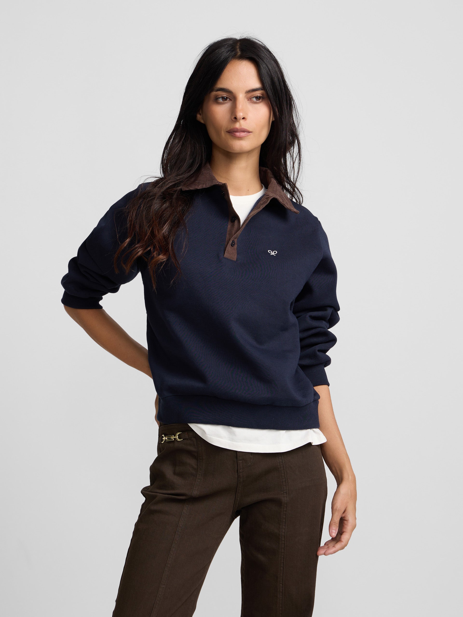 Sweatshirt mulher gola polo bombazina azul-marinho