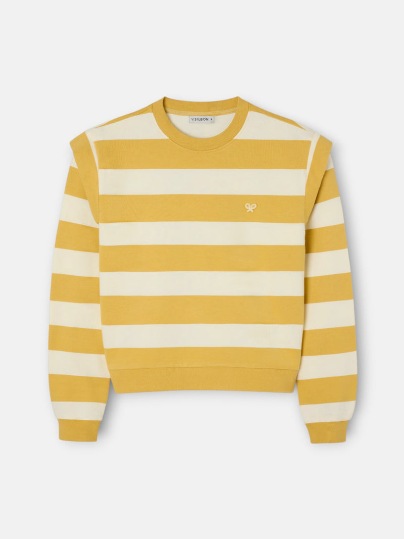 Mustard and ecru striped sweatshirt with shoulder pads