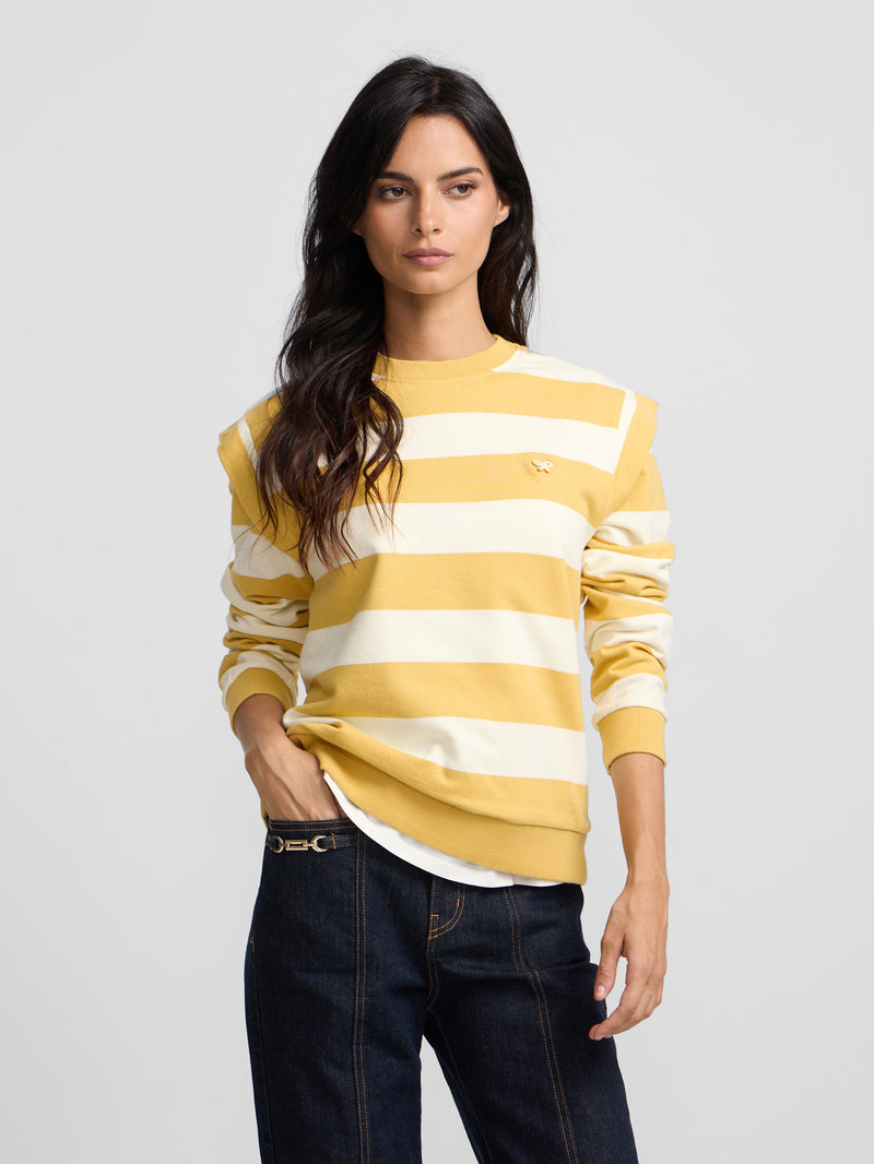 Mustard and ecru striped sweatshirt with shoulder pads