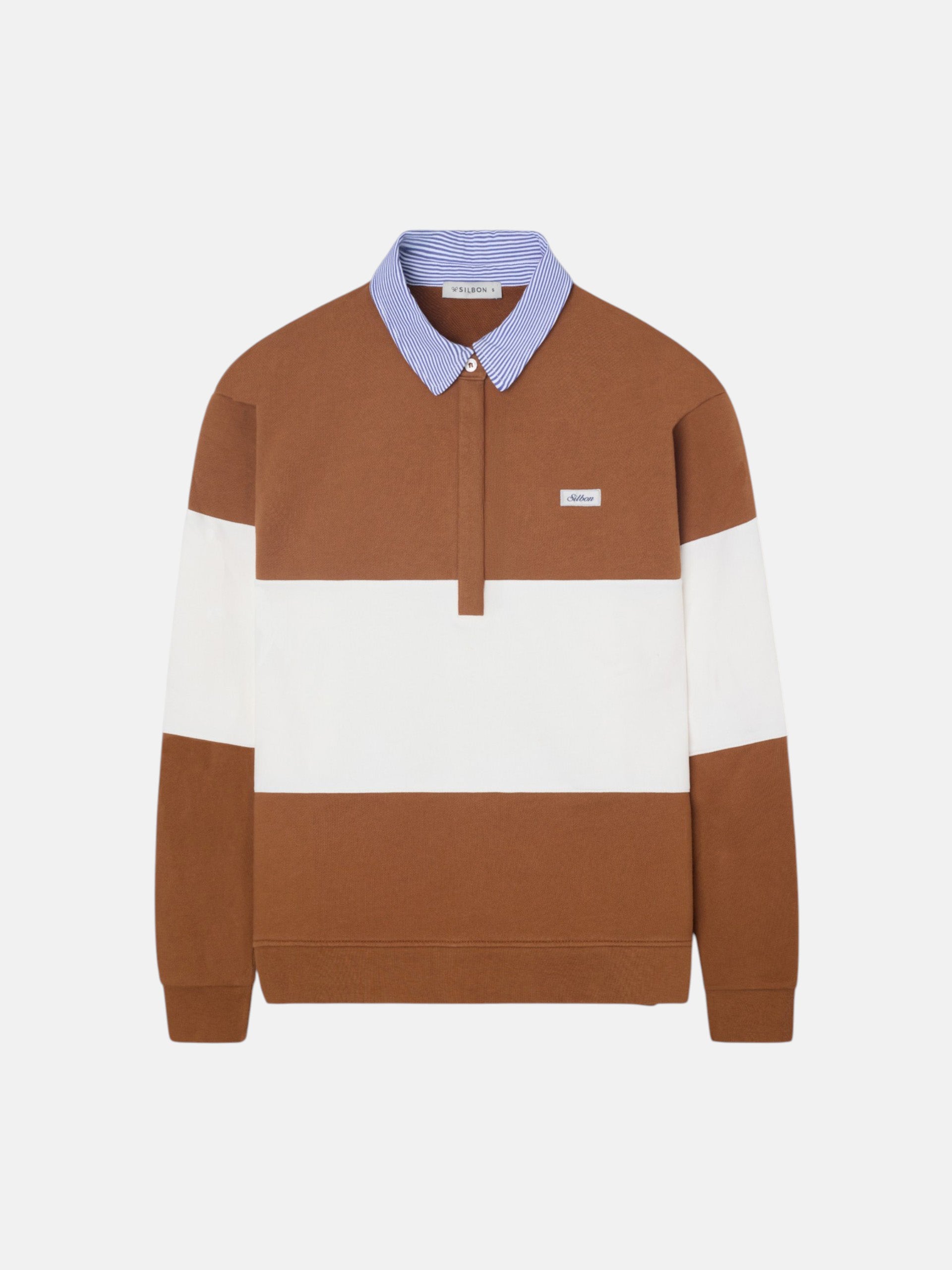 Sweat-shirt femme col polo rayures camel