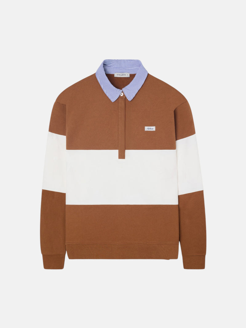 Sweat-shirt femme col polo rayé camel