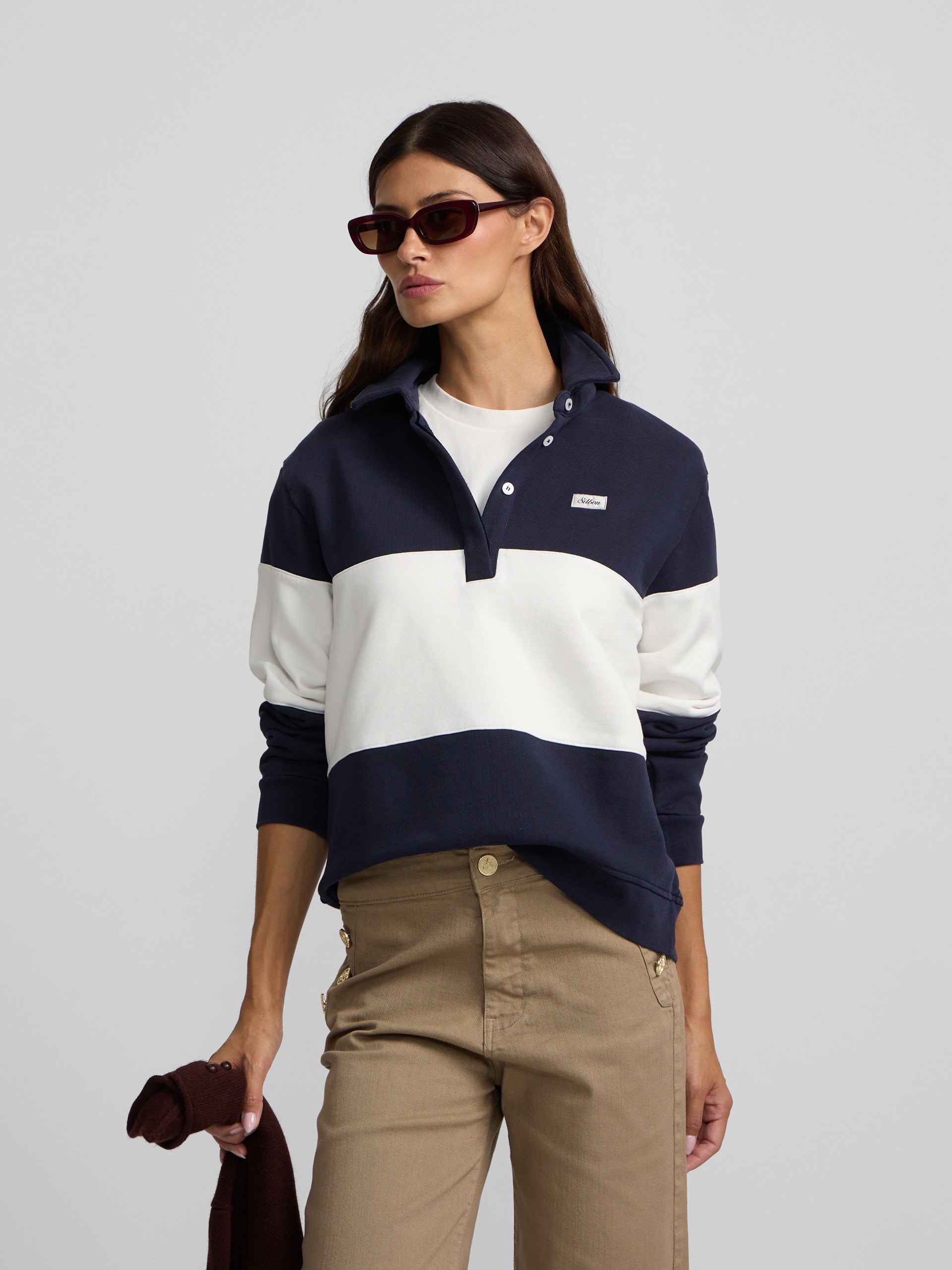 Sudadera woman cuello polo rayas azul marino