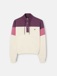 Women's tricolor sweatshirt with buttoned collar in pink and off-white