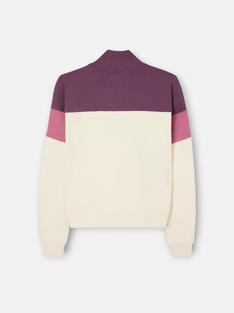 Women's tricolor sweatshirt with buttoned collar in pink and off-white