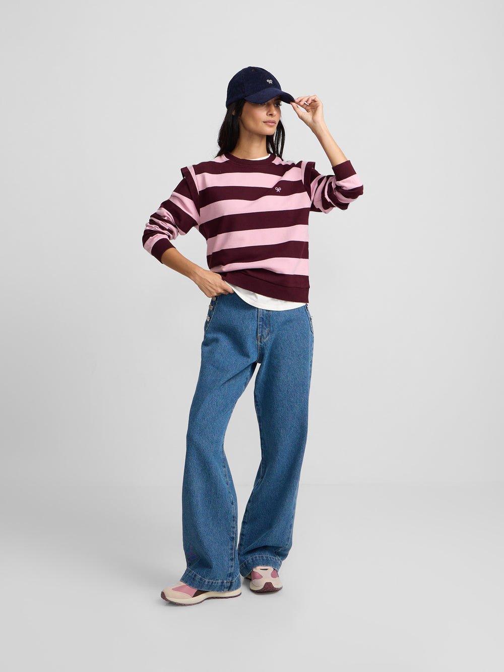 Pink and burgundy striped sweatshirt with shoulder pads