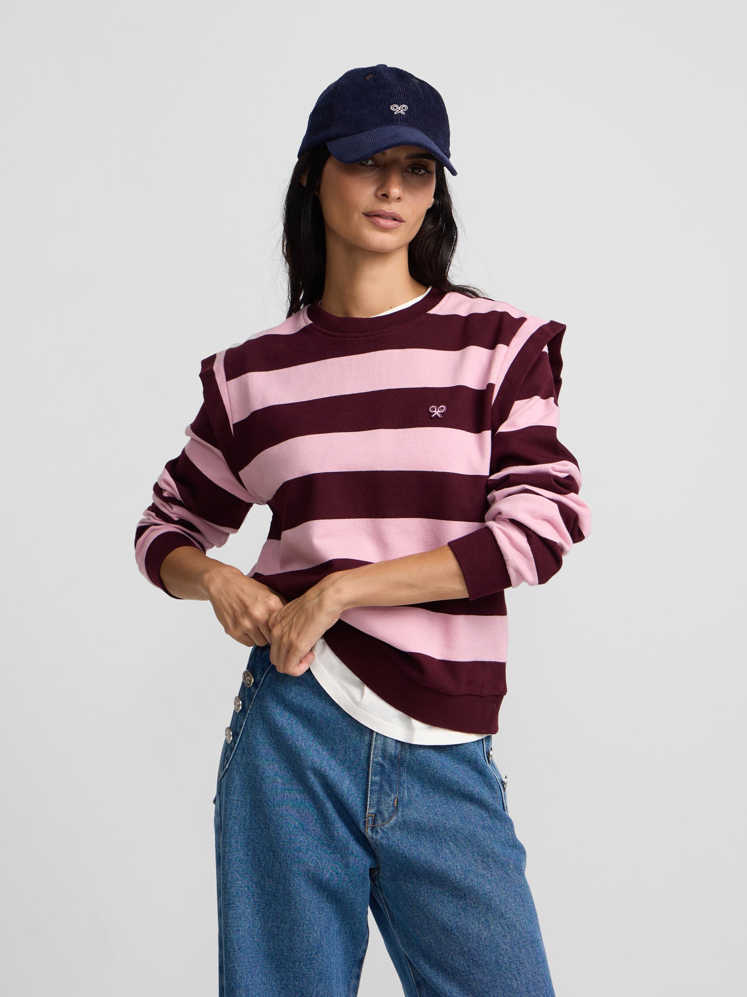 Sweat-shirt à épaulettes rayé rose et bordeaux