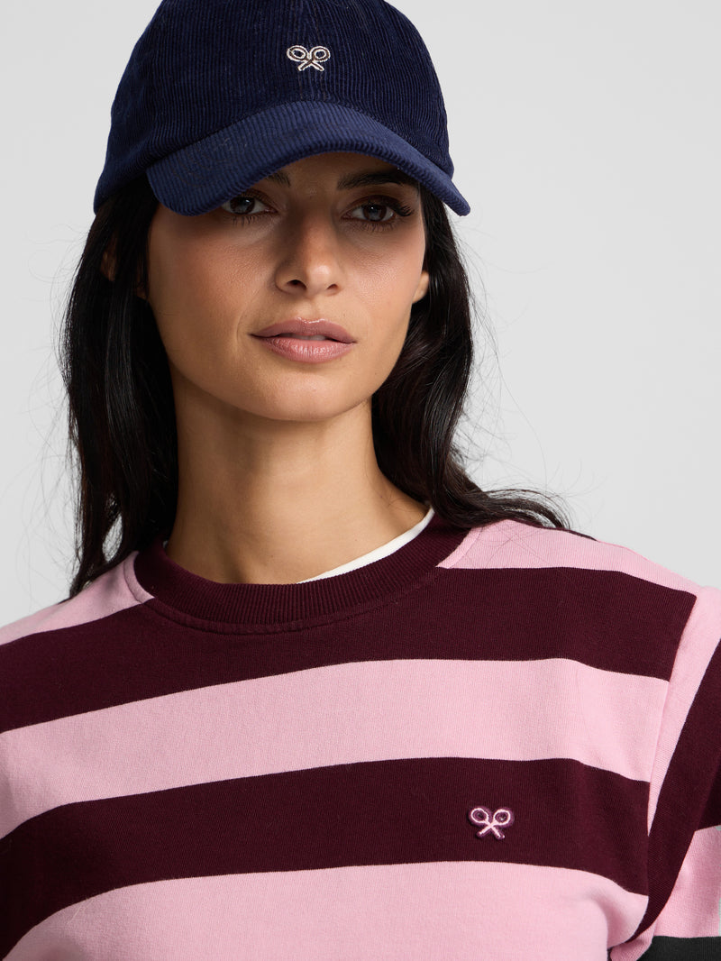 Sudadera hombreras rayas rosa y granate