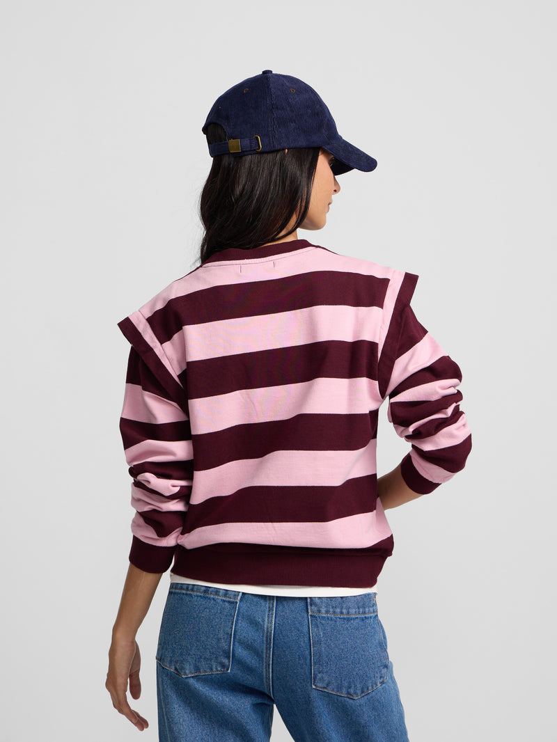 Sudadera hombreras rayas rosa y granate