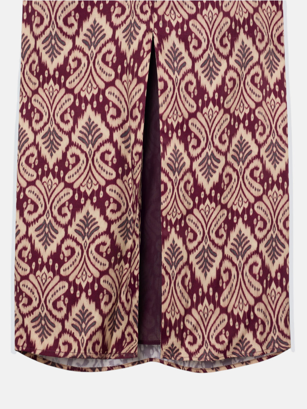 Robe longue drapée imprimé ikat bordeaux
