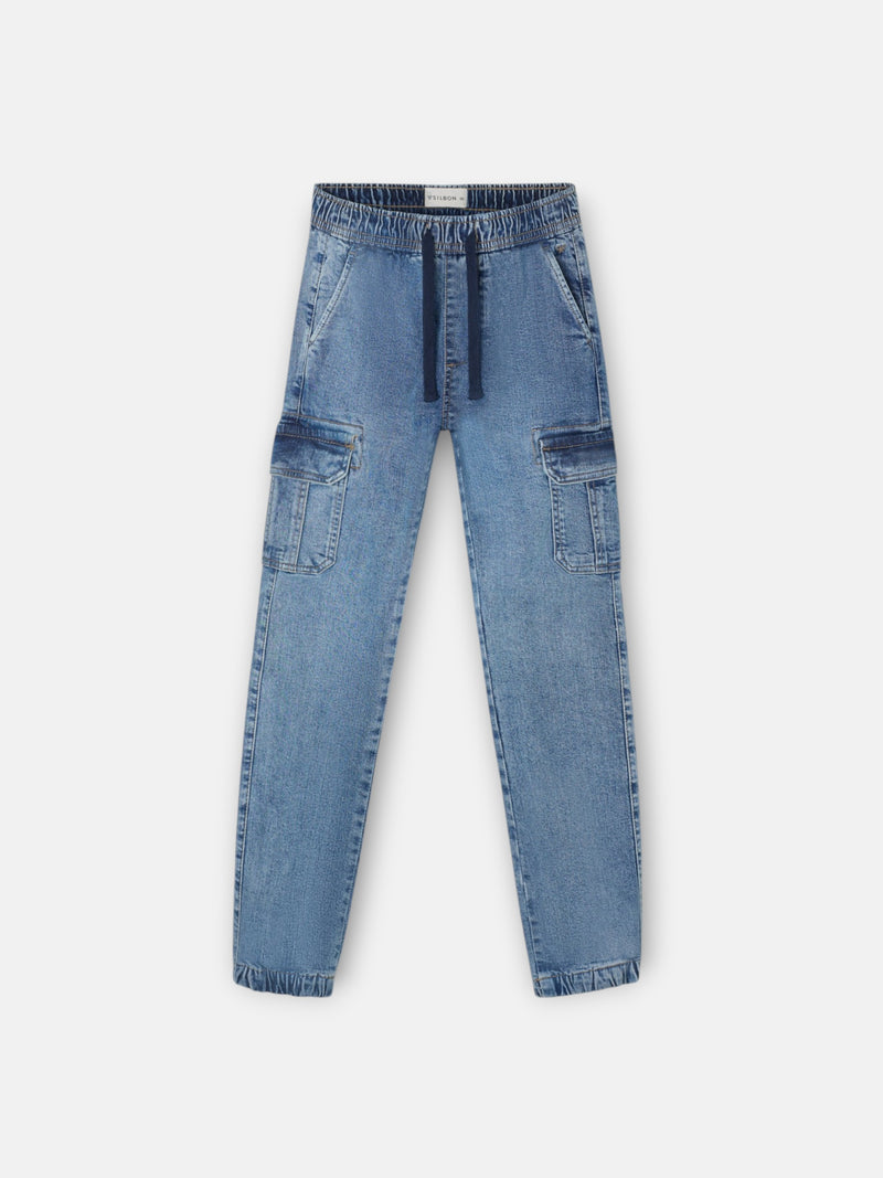 Pantalon de sport enfant jogger en denim bleu