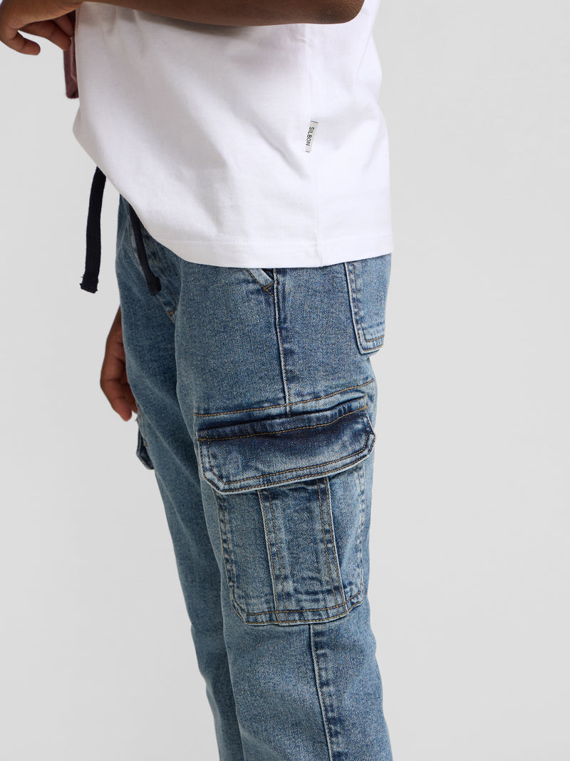 Pantalon de sport enfant jogger en denim bleu