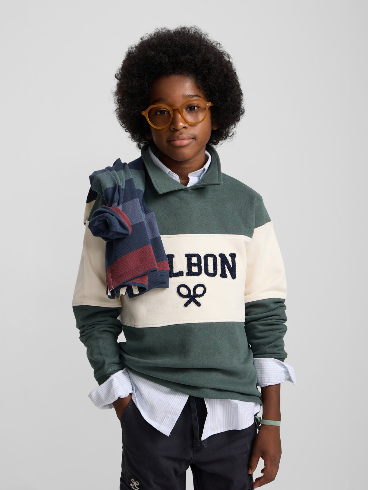 Sweat-shirt enfant col polo bloc vert foncé
