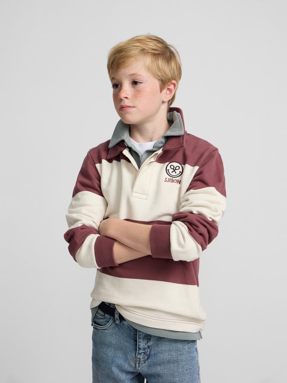 Kids sweatshirt with striped polo collar smile burgundy