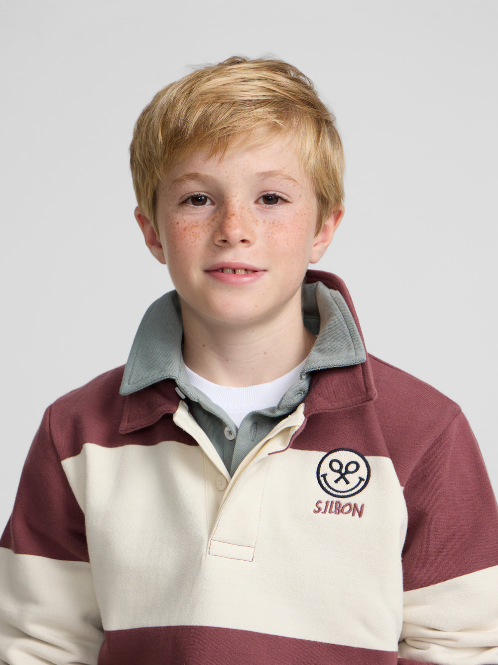 Kids sweatshirt with striped polo collar smile burgundy