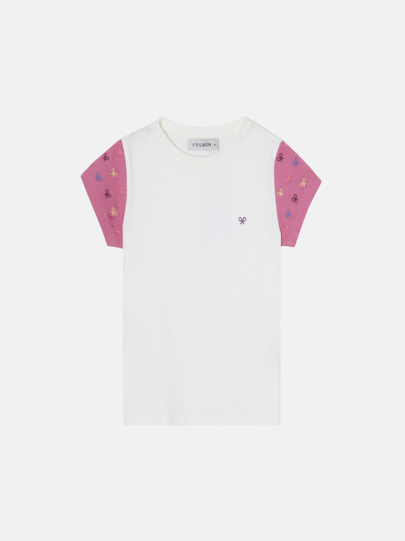 T-shirt fille raquettes manches roses blanc