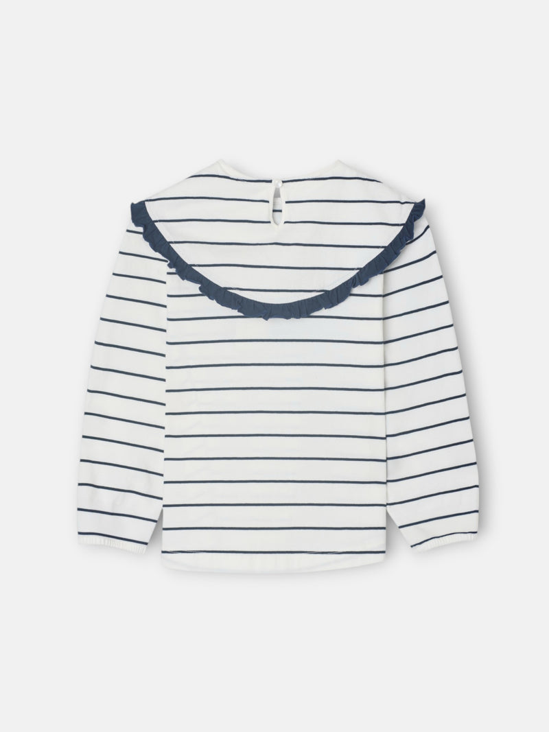 Girl's t-shirt with blue and white striped Peter Pan collar