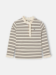 Camiseta girl cuello volante rayas camel y crudo